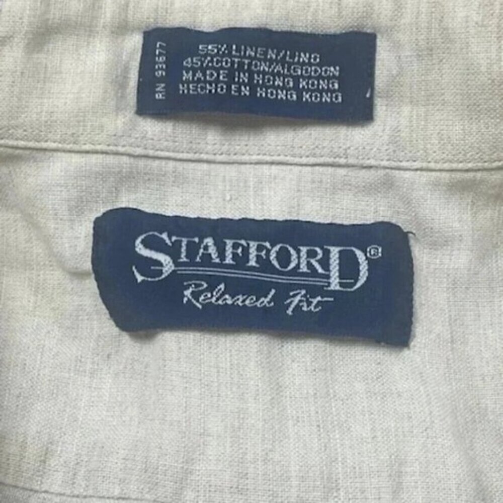 Stafford Short Sleeve Beige Tan Linen Party Breezer Camp Shirt Size 17  XL - Picture 3 of 7